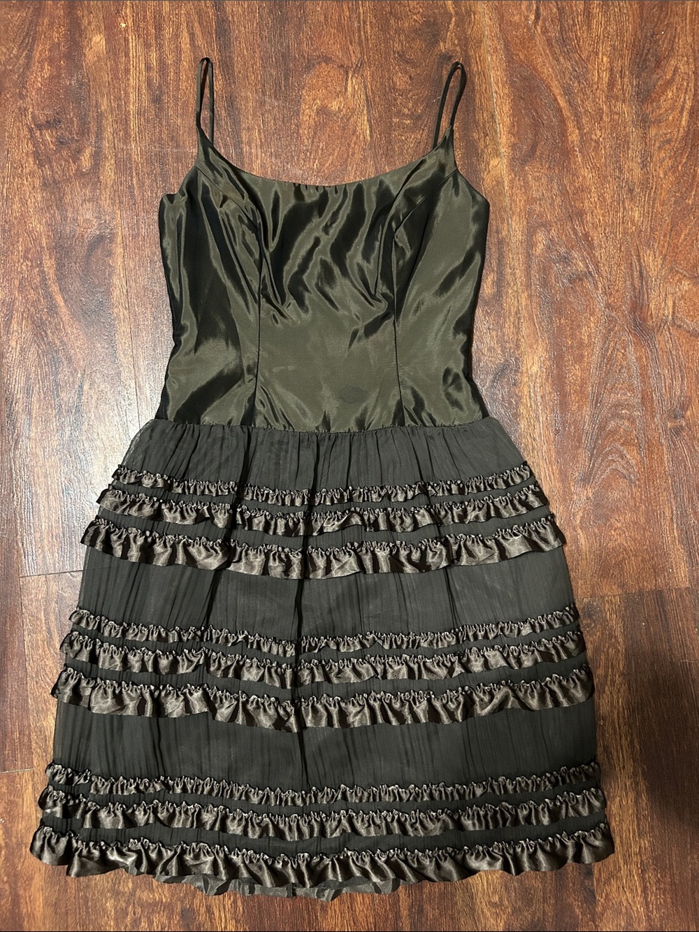 Olive Green Satin Ruffle Mini Dress